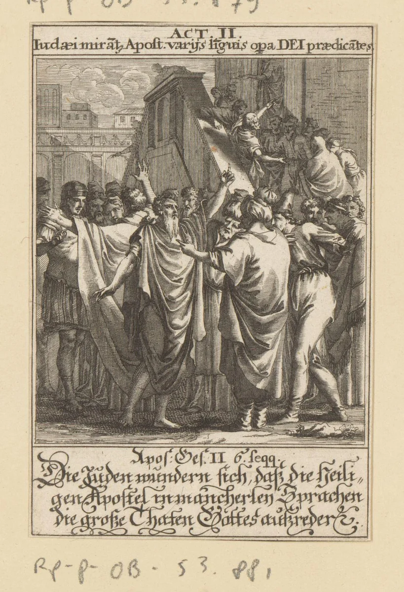 Joden horen de apostelen in vele talen spreken by anonymous, print, 1697