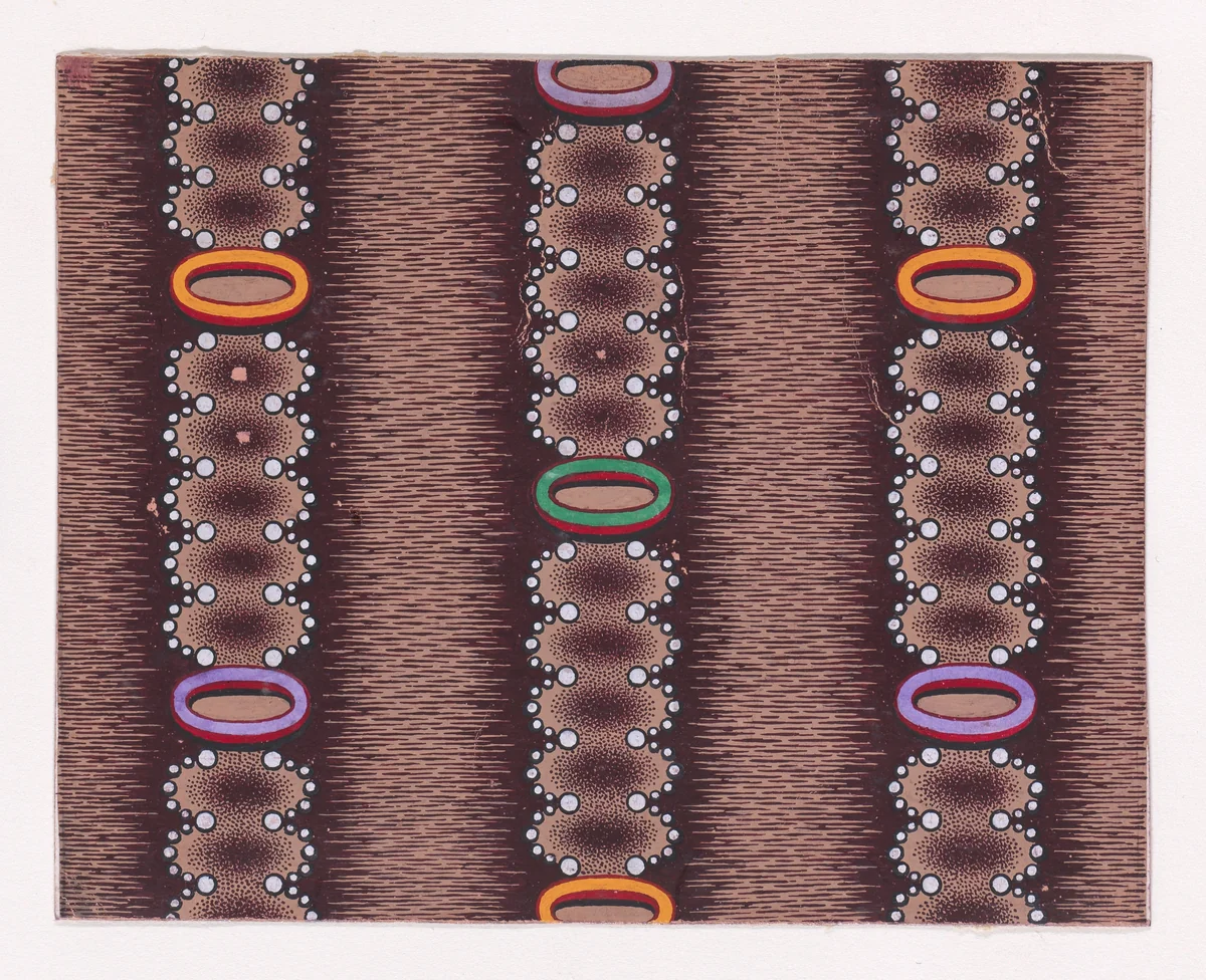 Textile Design with Vertical Garlands Bordered with Pearls Aligned to Form a Pattern of Semicircles Decorated with Oval-Shaped Rings Over a Glitched Background by anonymous, drawing, 1840