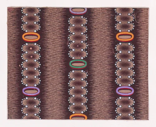 Textile Design with Vertical Garlands Bordered with Pearls Aligned to Form a Pattern of Semicircles Decorated with Oval-Shaped Rings Over a Glitched Background by anonymous, drawing, 1840