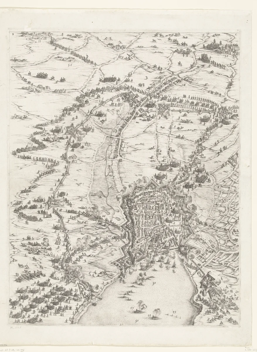Beleg van La Rochelle, september 1627-oktober 1628 (centrale kaart, deel middenboven) by Jacques Callot, print, 1628-1631