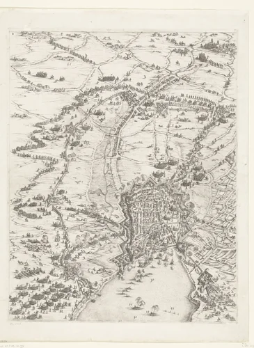 Beleg van La Rochelle, september 1627-oktober 1628 (centrale kaart, deel middenboven) by Jacques Callot, print, 1628-1631