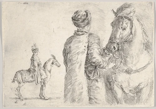 A Polish valet, seen from behind, holding the bridle of a horse to right, a Polish horseman in profile to left in the background by Stefano della Bella, print, 1660-1664