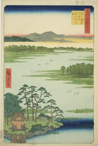 Benten Shrine and Inokashira Pond (Inokashira no ike Benten no yashiro), from the series "One Hundred Famous Views of Edo (Meisho Edo hyakkei)" by Utagawa Hiroshige (歌川広重), print, 1856