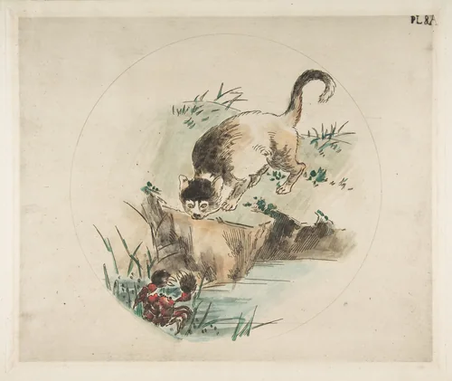 Decoration for a Plate: A Cat Hunting a Crab by Félix Bracquemond, print, 1850-1914