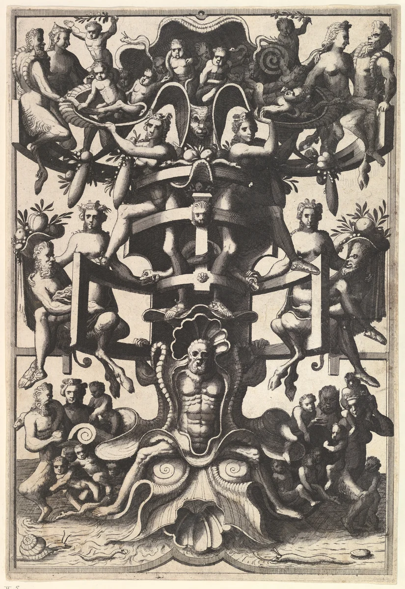 Man Sitting on an Auricular Mask, Supporting a Strapwork Frame on His Shoulders from Veelderleij niewe inventien van antijckesche sepultueren diemen nou zeere ghebruijkende is met noch zeer fraeije grotissen en compertimenten zeer beqwame voer beeltsniders antijcksniders schilders en all constenaers...Libro Secundo by Johannes van Doetecum, book, 1557