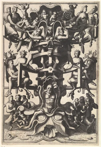 Man Sitting on an Auricular Mask, Supporting a Strapwork Frame on His Shoulders from Veelderleij niewe inventien van antijckesche sepultueren diemen nou zeere ghebruijkende is met noch zeer fraeije grotissen en compertimenten zeer beqwame voer beeltsniders antijcksniders schilders en all constenaers...Libro Secundo by Johannes van Doetecum, book, 1557