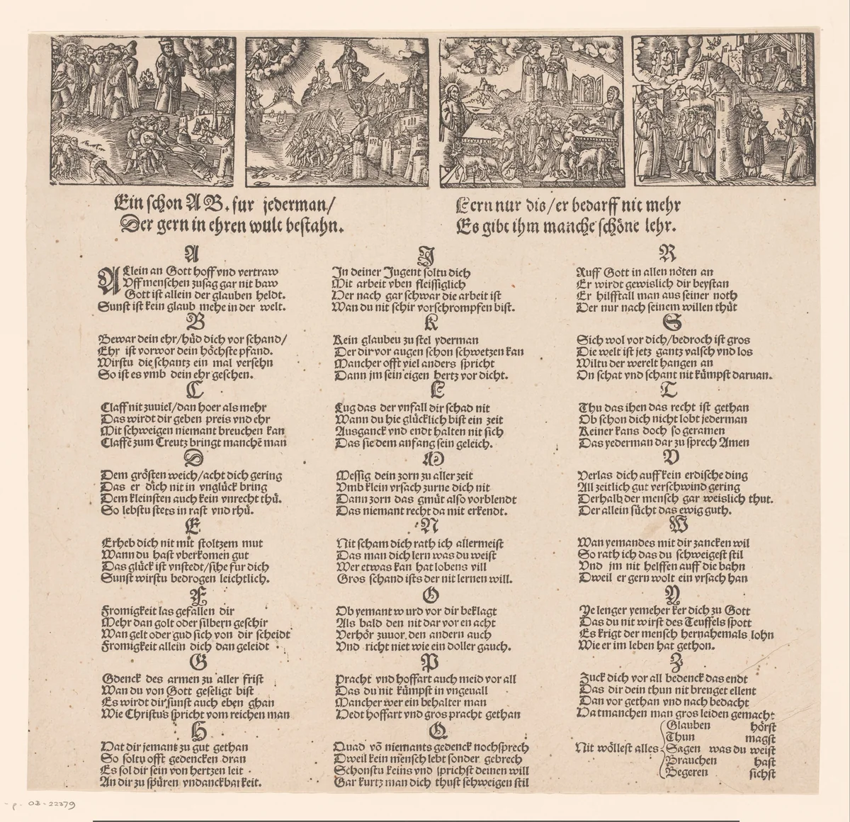 Alfabet met vier religieuze allegorieën by anonymous, print, 1500-1599