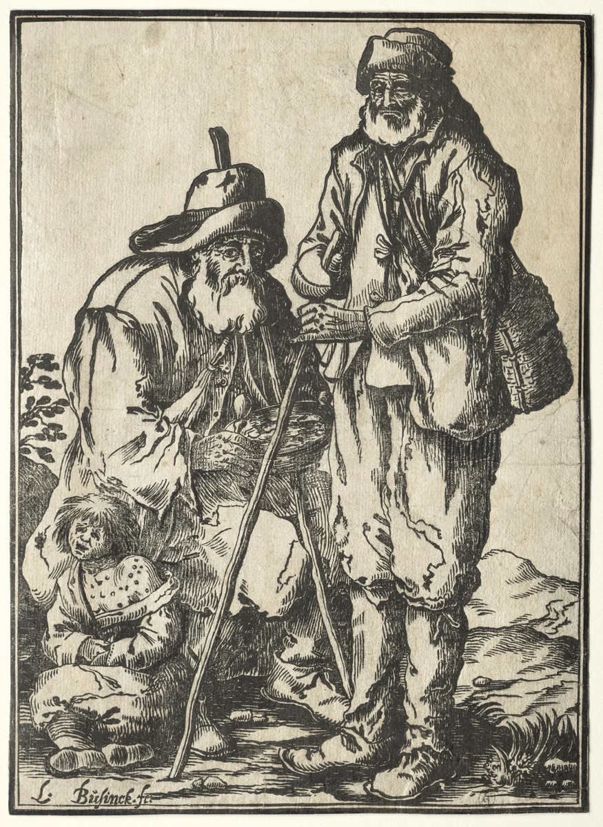 Two Beggars and Leprous Child by Ludolph Büsinck, print