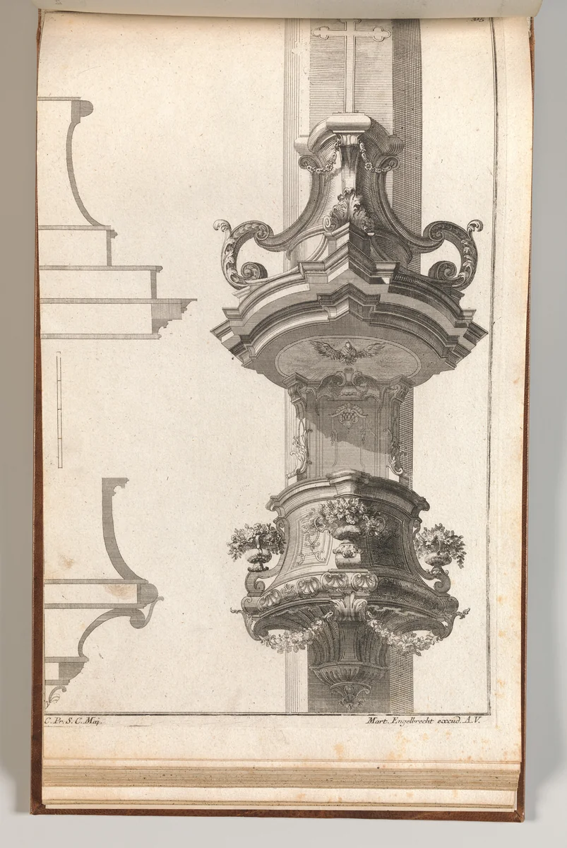 Design for a Pulpit, Plate 2 from an Untitled Series of Pulpit Designs by Martin Engelbrecht, book, 1750-1756