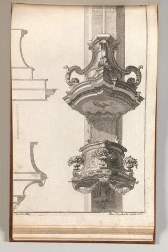 Design for a Pulpit, Plate 2 from an Untitled Series of Pulpit Designs by Martin Engelbrecht, book, 1750-1756