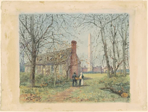David Burns's Cottage and the Washington Monument by Walter Paris, drawing, 1892