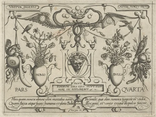 Dieren, planten en vruchten rond een schedel en bellenblazende slangen by Jacob Hoefnagel, print, 1592