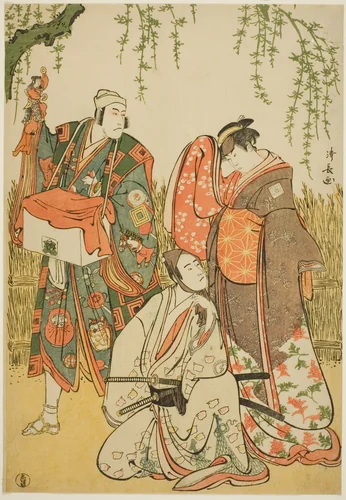 The Actors Ichikawa Yaozo III as Shiragiku, Ichikawa Danjuro V as the puppeteer Dekurokubei, and Sawamura Sojuro III as Soga no Juro, in the joruri "Shinobukoi Yanagi no Katsura Otoko," performed at the Nakamura Theater in the first month, 1785 by Torii Kiyonaga (鳥居清長), print, 1785