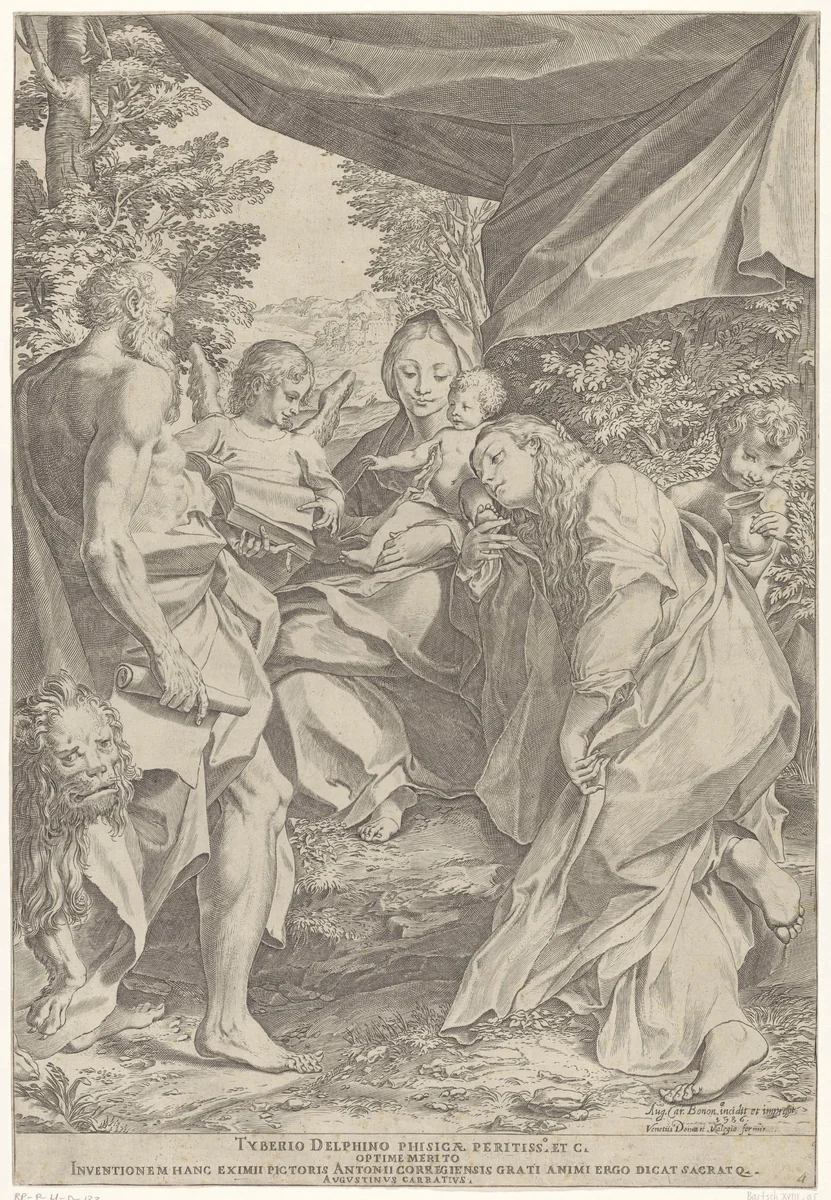 Maria met Kind en de heilige Hieronymus en Maria Magdalena by Unknown, print, 1586
