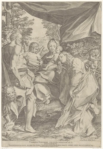 Maria met Kind en de heilige Hieronymus en Maria Magdalena by Unknown, print, 1586