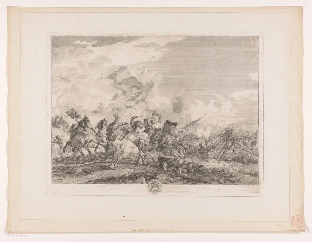 Ruiters op een veldslag by Jean Moyreau, print, 1745