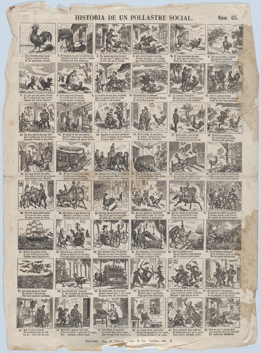 Broadside with 48 scenes telling the story of the chicken (social advancement and decline) by Juan Llorens, print, 1855-1865