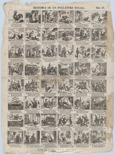Broadside with 48 scenes telling the story of the chicken (social advancement and decline) by Juan Llorens, print, 1855-1865