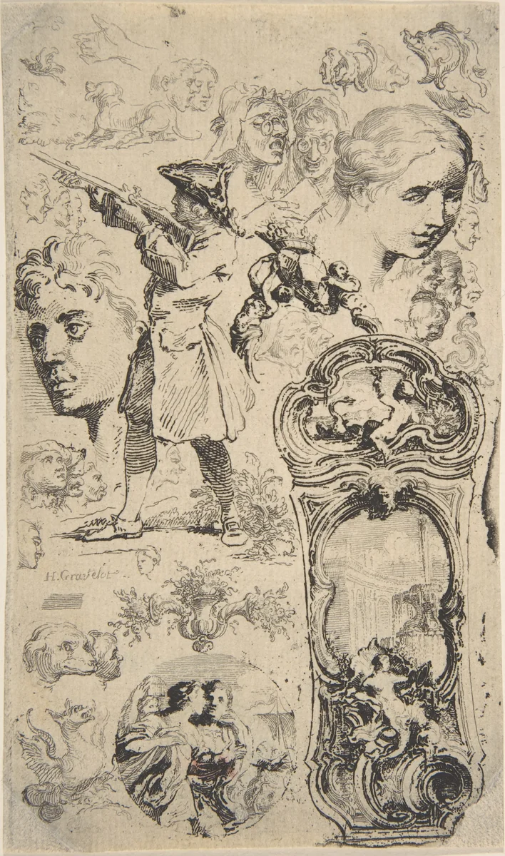 Sheet of sketches by Hubert François Gravelot, print, 1710-1773
