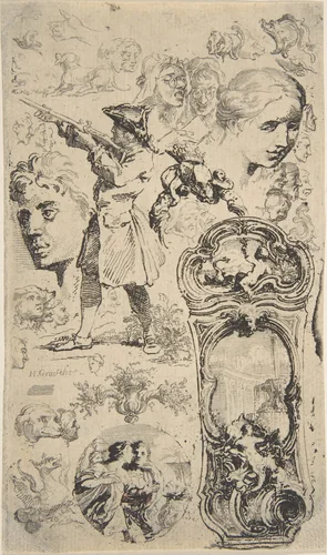 Sheet of sketches by Hubert François Gravelot, print, 1710-1773