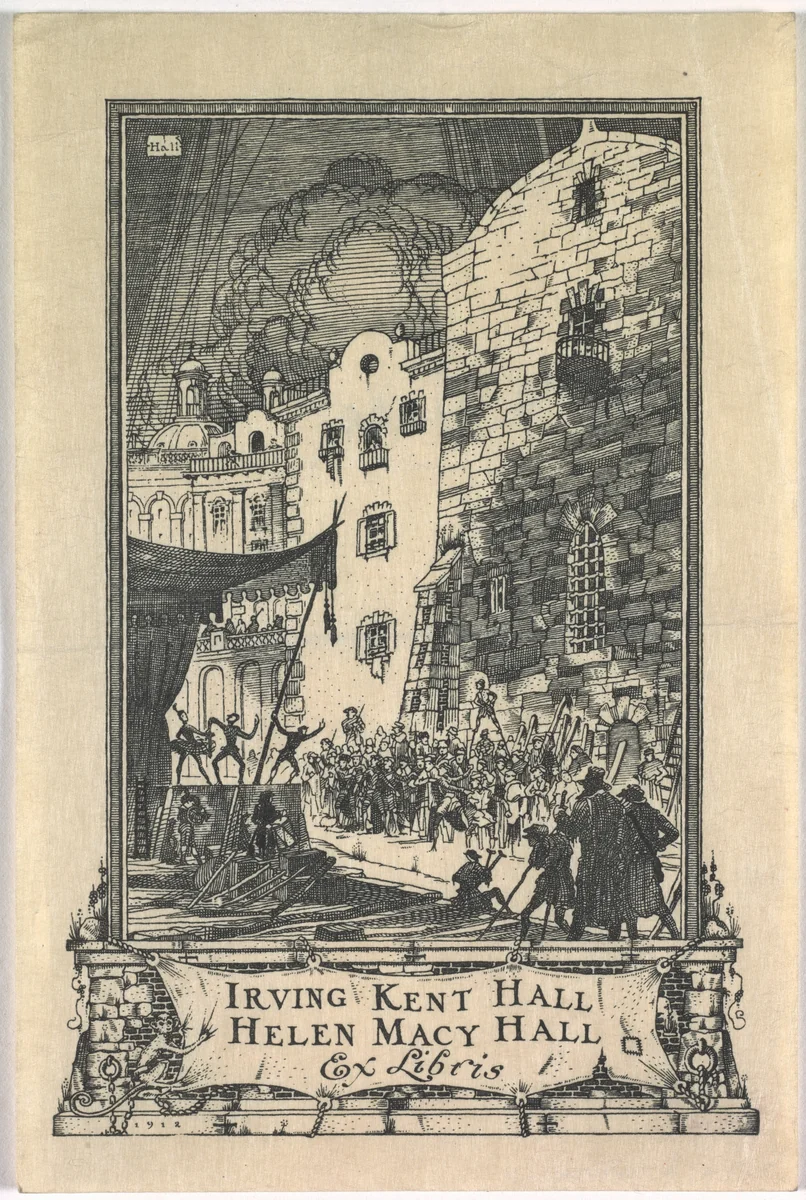 Bookplate: Irving Kent Hall and Mary Kent Hall, Ex Libris inscribed by Frederick Garrison Hall, print