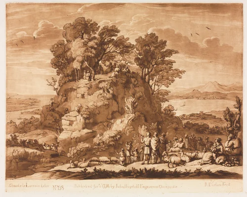 Liber Veritatis: No. 138, A View of the Sea, with Christ Preaching on the Mount (the water below may probably be intended for the Sea of Tiberius) by Richard Earlom, print, 1776