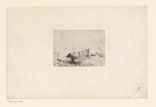 Scheepswrak in het water by Frans Hens, print, 1889