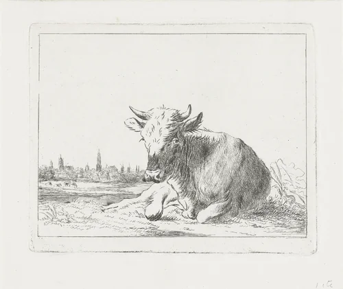Liggende koe, op de achtergrond een stad by Jacobus Cornelis Gaal, print, 1850-1865