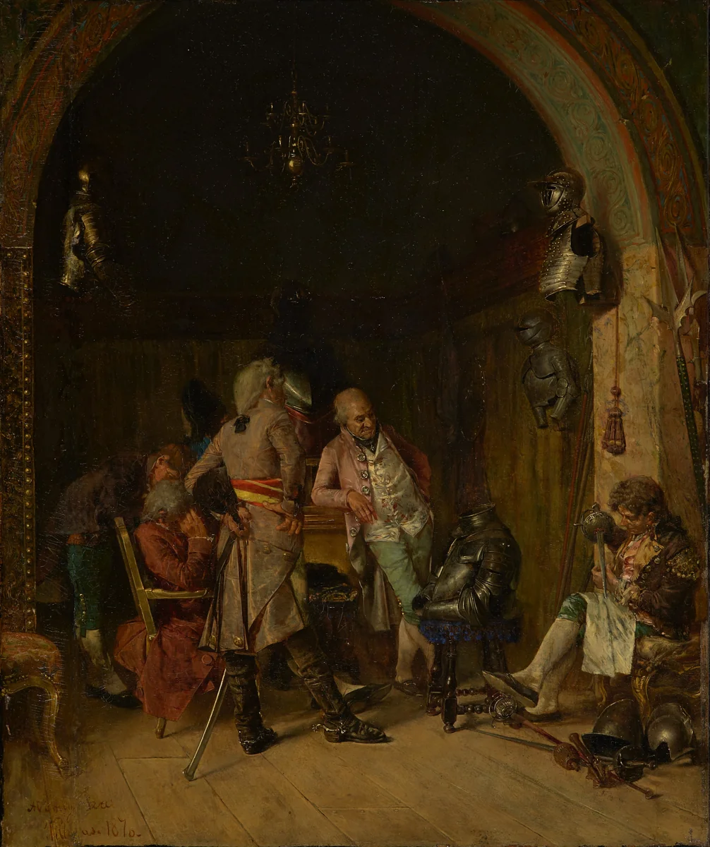 Examining Antique Arms by José Villegas, painting, 1870