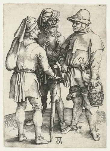 Drie boeren in gesprek by Unknown, print, 1495-1499