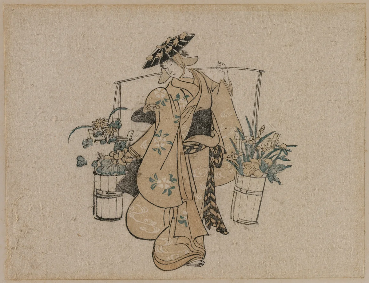 A Beauty Carrying Two Buckets of Flowers by Torii Kiyomasu, print, 1696-1716