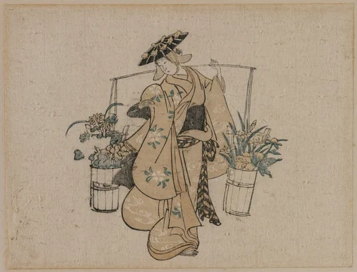 A Beauty Carrying Two Buckets of Flowers by Torii Kiyomasu, print, 1696-1716