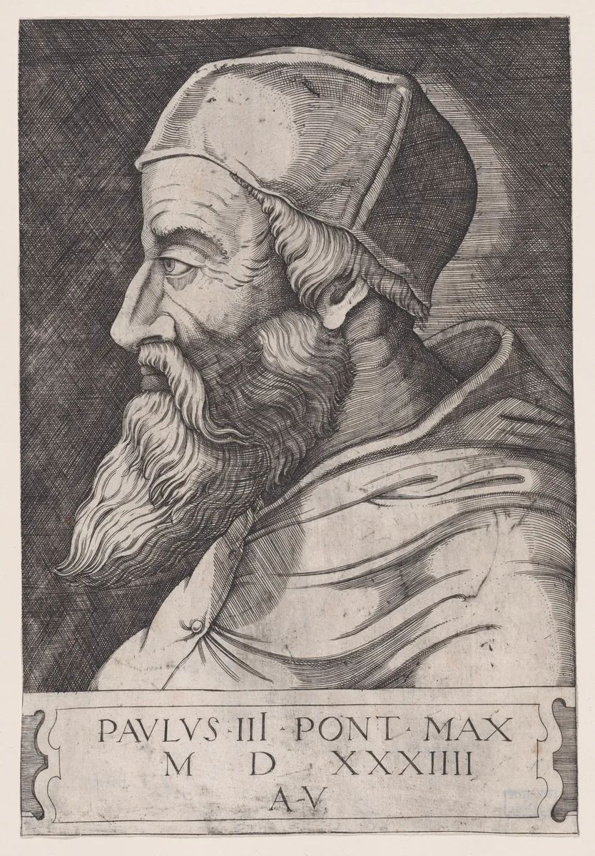 Pope Paul III in a Skullcap by Agostino Veneziano, print, 1514-1536