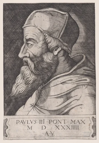 Pope Paul III in a Skullcap by Agostino Veneziano, print, 1514-1536