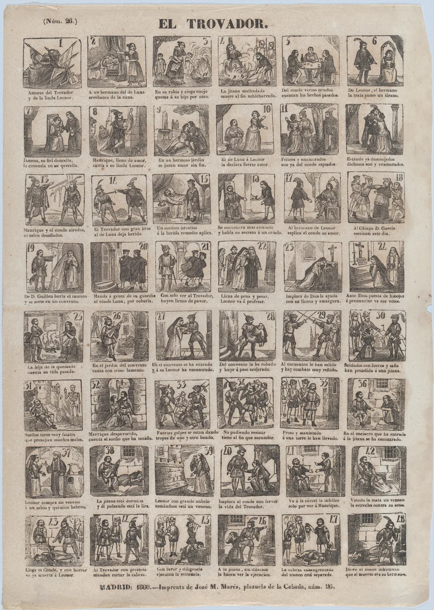 Broadside with 48 scenes relating to the life of a troubadour by José María Marés, print, 1860