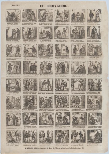 Broadside with 48 scenes relating to the life of a troubadour by José María Marés, print, 1860