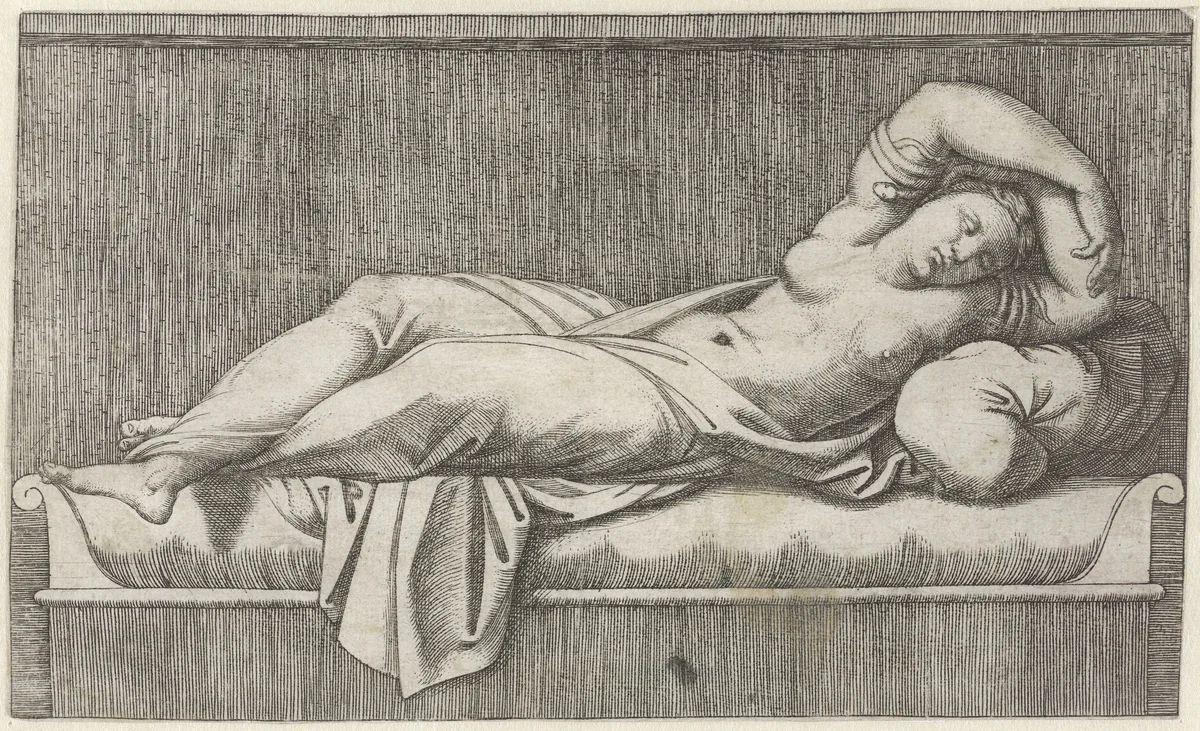 Cleopatra halfnaakt liggend op bed by Marcantonio Raimondi, print, 1515-1527