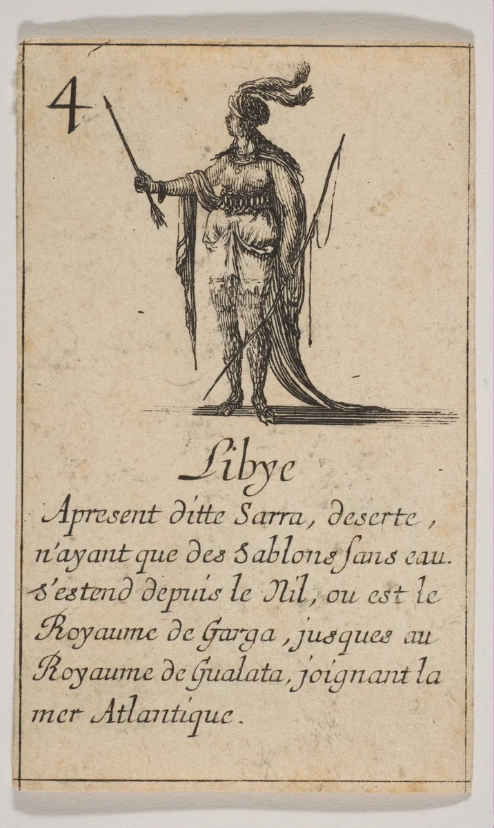 Libye, from "Jeu de la Géographie" by Stefano della Bella, print, 1644
