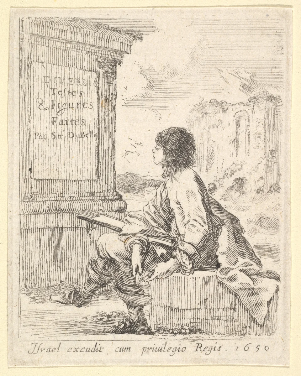 Plate 1: a young man sitting on a stone, facing left in profile, holding a drawing pad in his lap and a pen in his left hand, a pedestal with title to left and ruins to right in the background, title page from "Various heads and figures" (Diverses têtes et figures) by Stefano della Bella, print, 1650