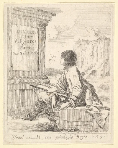 Plate 1: a young man sitting on a stone, facing left in profile, holding a drawing pad in his lap and a pen in his left hand, a pedestal with title to left and ruins to right in the background, title page from "Various heads and figures" (Diverses têtes et figures) by Stefano della Bella, print, 1650