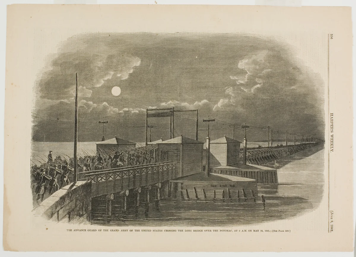The Advance Guard of the Grand Army of the United States Crossing the Long Bridge over the Potomac at 2 A.M. on May 24, 1861 by Winslow Homer, print, 1861
