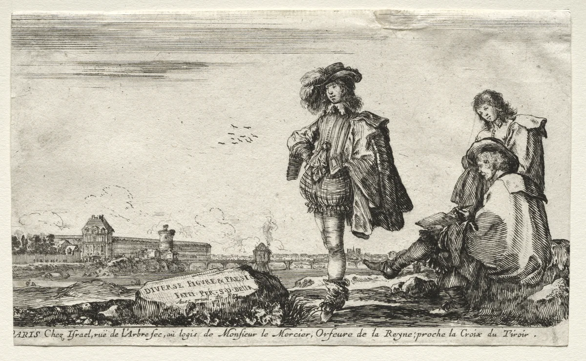 Various Figures and Landscapes: Title Page - Three Figures by Stefano della Bella, print, 1649