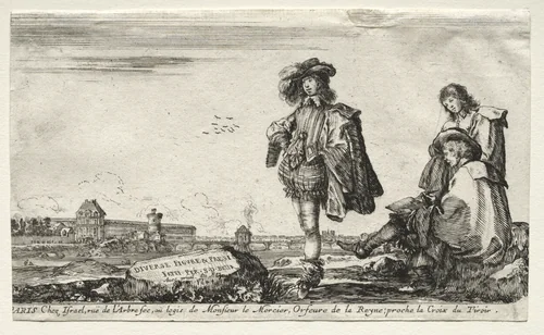 Various Figures and Landscapes: Title Page - Three Figures by Stefano della Bella, print, 1649