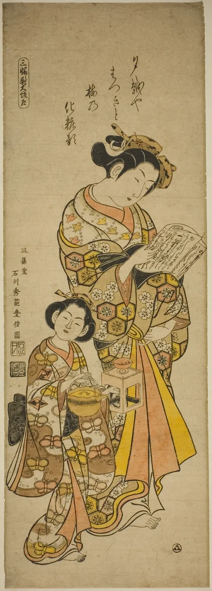 Courtesan of Osaka and Her Attendant, left sheet of a triptych of beauties of the three capitals (Sanpukutsui Osaka hidari) by Ishikawa Toyonobu, print, 1740-1750