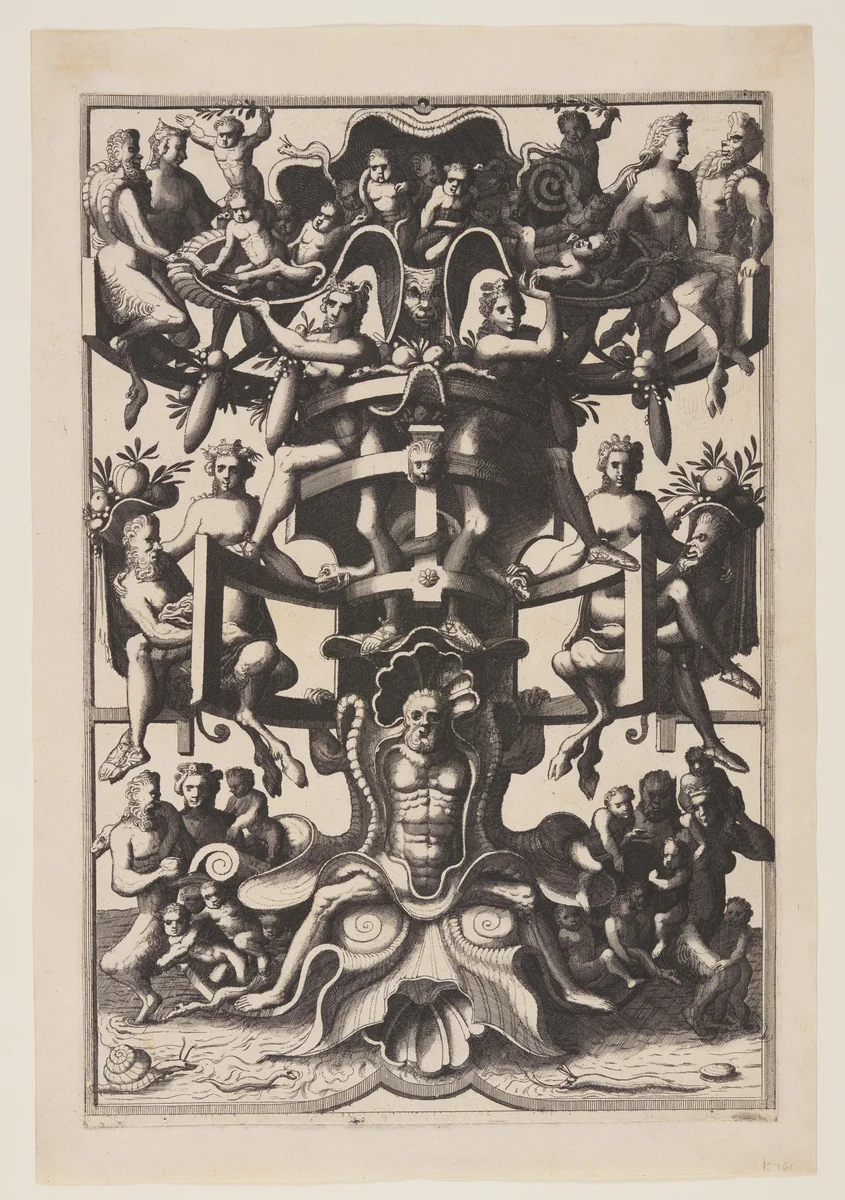 Man Sitting on an Auricular Mask, from Veelderleij niewe inventien van antijcksche sepultueren by Johannes van Doetecum, print, 1557