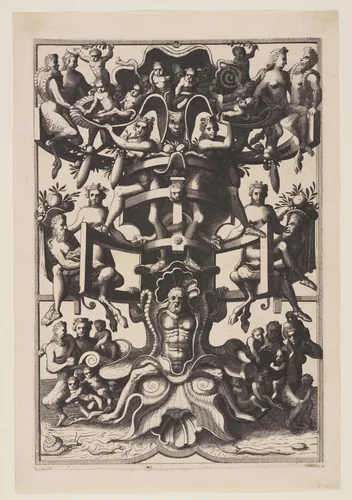 Man Sitting on an Auricular Mask, from Veelderleij niewe inventien van antijcksche sepultueren by Johannes van Doetecum, print, 1557