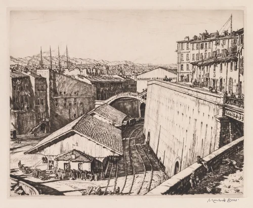 Railway Sheds, Marseilles by Muirhead Bone, print, 1937