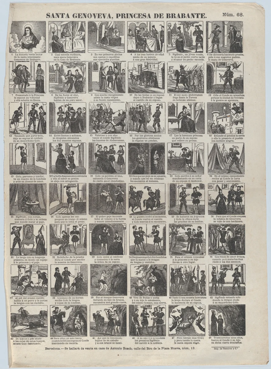 Broadside with 48 scenes depicting the life of Genevieve of Brabant by Antonio Bosch, print, 1855-1865