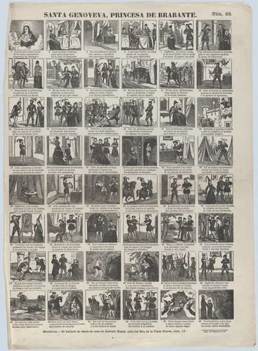 Broadside with 48 scenes depicting the life of Genevieve of Brabant by Antonio Bosch, print, 1855-1865