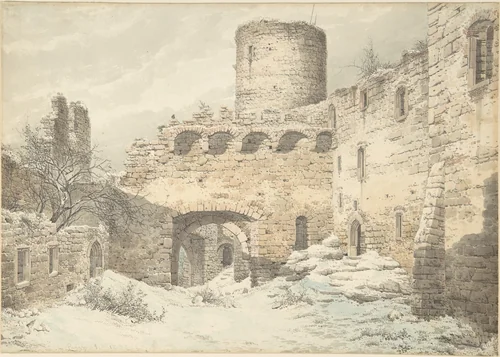 Winter View of the Courtyard of a Medieval Castle in Ruins by Julius von Leypold, drawing, 1832